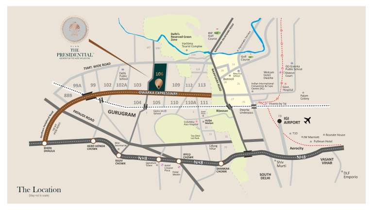 Location map of Elan Presidential Phase 2 on Dwarka Expressway, Sector 106, Gurgaon. It highlights key areas, major connectivity, and facilities.